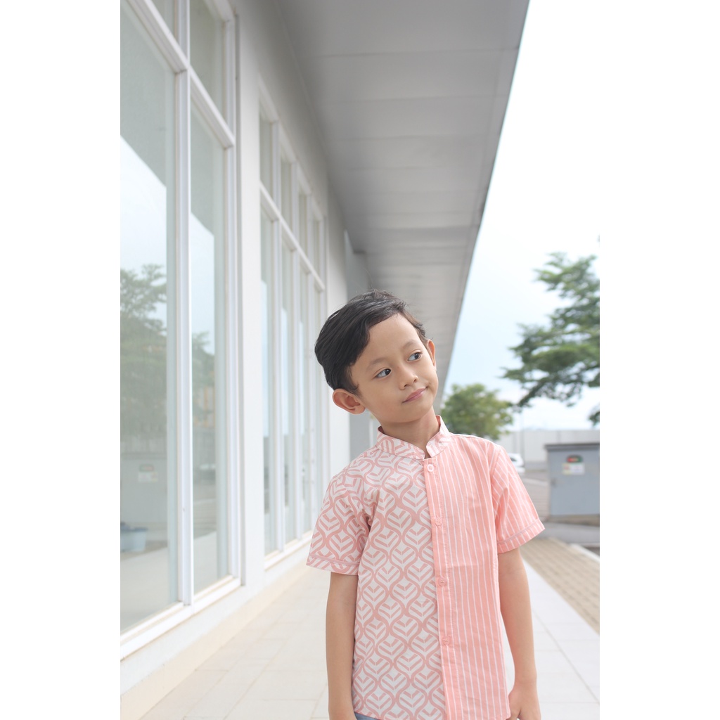 Kemeja Premium Batik Modern Anak Cowok Motif Daun Warna Salem