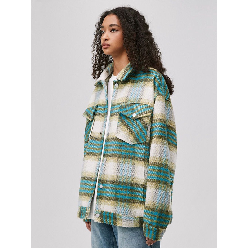 Hijau Wol Kotak-kotak Mantel Wanita Amerika Retro Rasa Longgar Jaket Cardigan Top