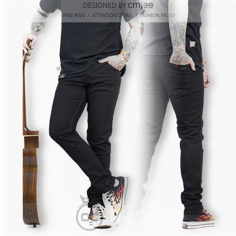 Clana Jeans Pria panjang denim Skinny semi Slim Fit Pensil Melar new FIFTEEN DENIM cowo/cowok Hitam Bahan  Stretch dan grosir