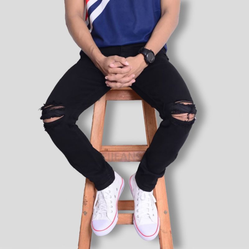 Celana Jins Pria Panjang Sobek Slim Fit Remaja Cowok Distro Denim Dewasa Keren Anti Luntur Robek Lutut Skinny Gaul Ripped Pensil Jeans Jumbo Big Size Pensil Reguler Stretch Standart