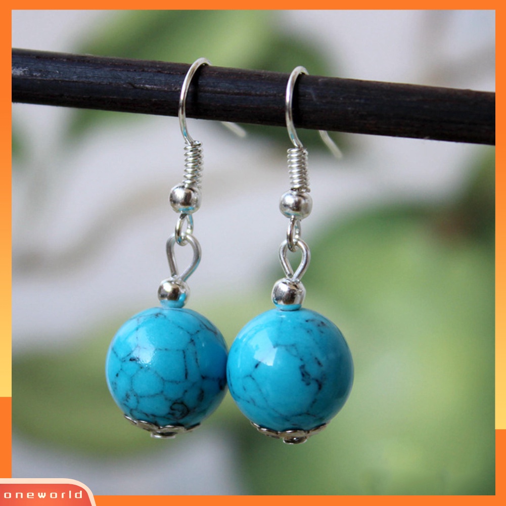 [WONE] Etnik Wanita Bulat Faux Turquoise Beads Menjuntai Drop Hook Anting Perhiasan Hadiah