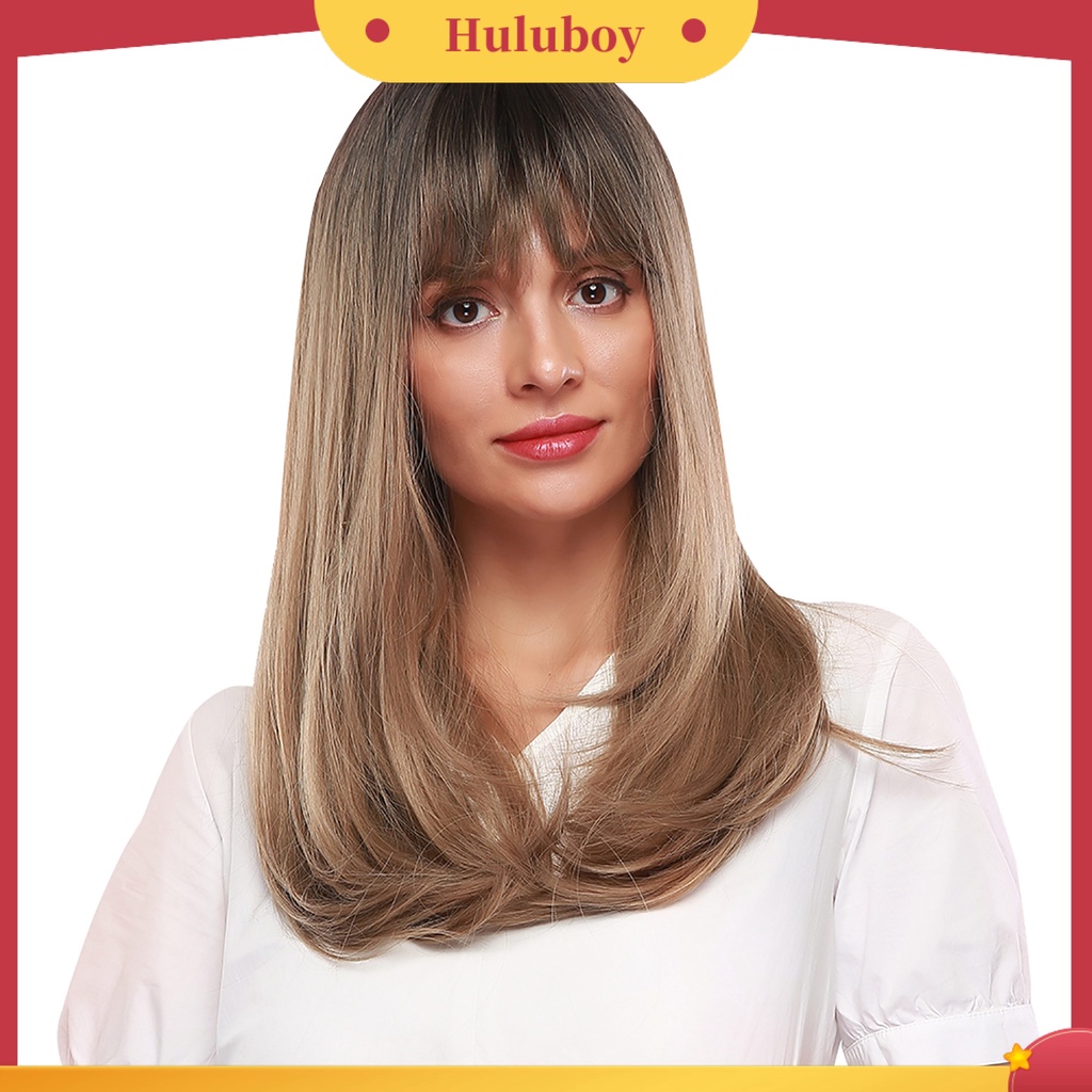 Wig Rambut Sintetis Model Panjang Dengan Poni Warna Coklat Emas Untuk Wanita