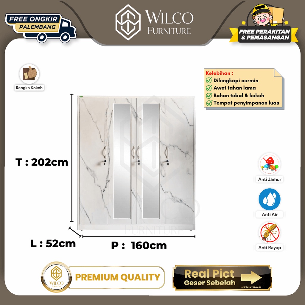 Lemari Pakaian 4 Pintu Besi KRS D4DW / Lemari Baju 4P Marmer Karsindo Murah Palembang