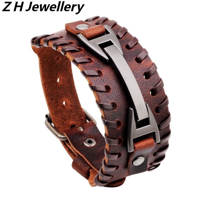 [Z H Jewelry] Hip Hop Rock Pria Fashion Kulit Gelang Stainless Steel/Aksesoris Perhiasan Pesta