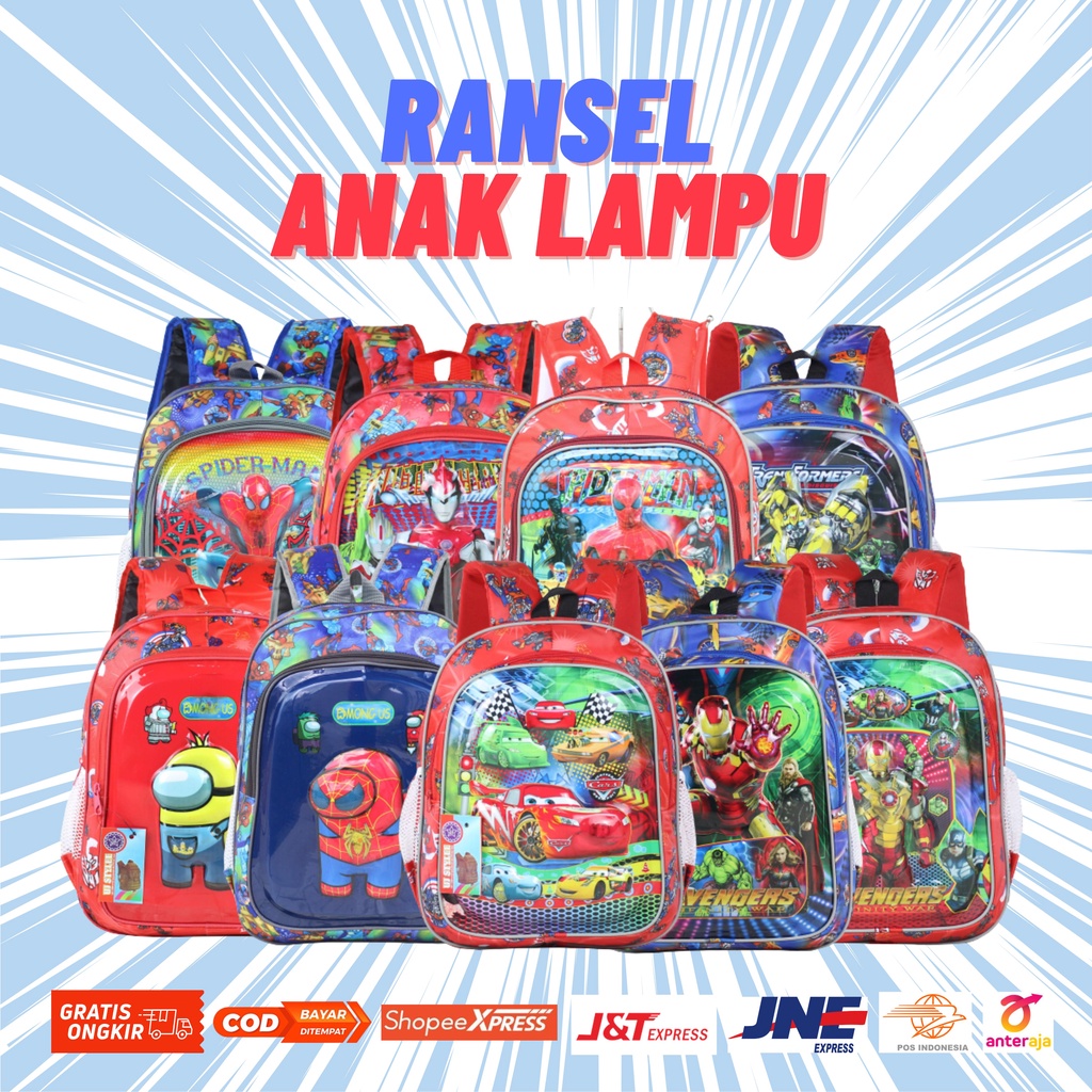 Tas Anak Cowok LED Karakter Spiderman Avengers Biru Merah Ransel Lampu Anak TK PAUD Gambar Transformer Cars Among Us Backpack Sekolah Murah Motif Ultraman