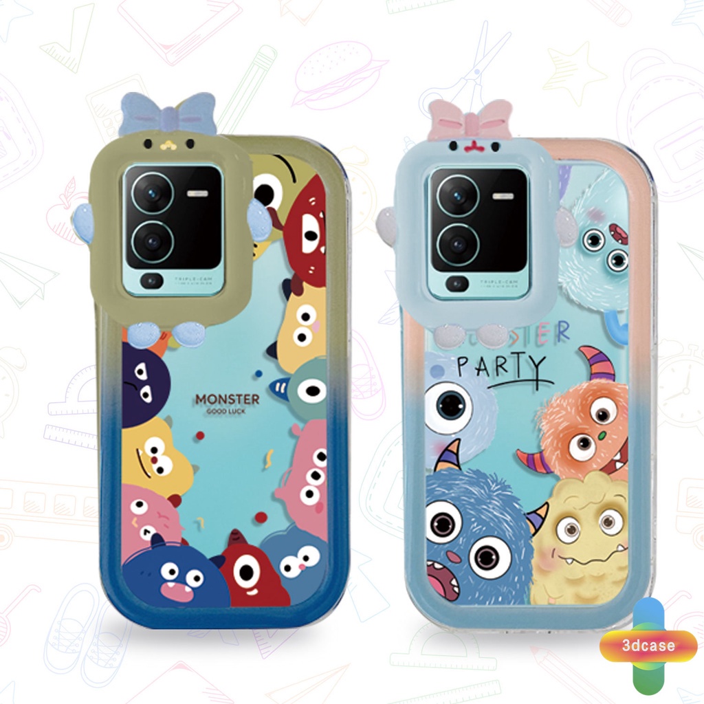 Case Kartun Lucu VIVO Y12S Y12 Y20 Y15S V23E Y16 V21 Y21A Y21T Y30 Y35 Y21S Y20S Y12i Y33T Y01 Y22S Y30i Y93 Y95 Y15 Y17 T1 Y55 Y75 Y50 Y53S Y51 2020 Y51A Y10 Y33S Y1S Y11 Y31 Y20i Y91i Y51S Y20G Y02S Y21G 3D Busur Monster Kecil Lensa Soft Case