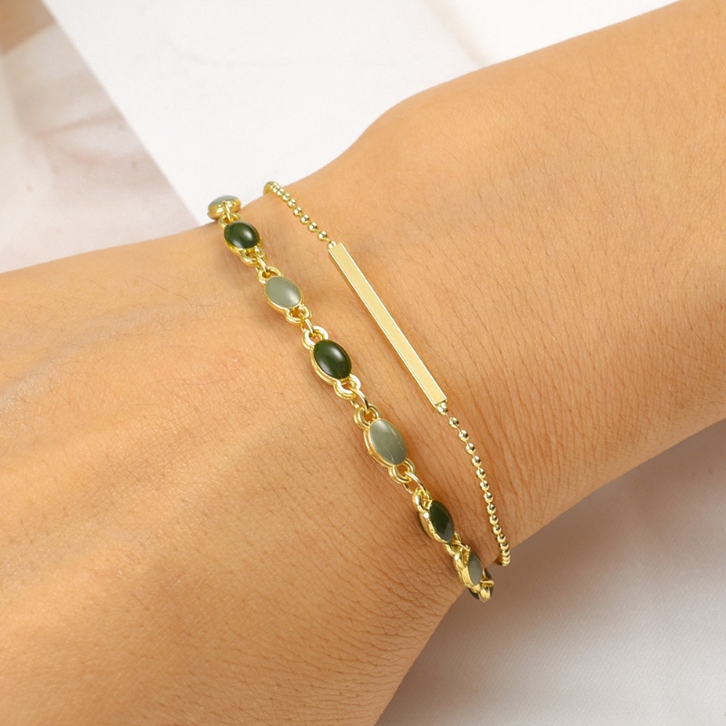 Gelang Geometris Elegan Pesona Bangle Wanita Adjustable Sederhana Perhiasan Aksesoris Wanita Manik-Manik Hijau Liontin Gelang Lapisan Ganda Retro Trendi