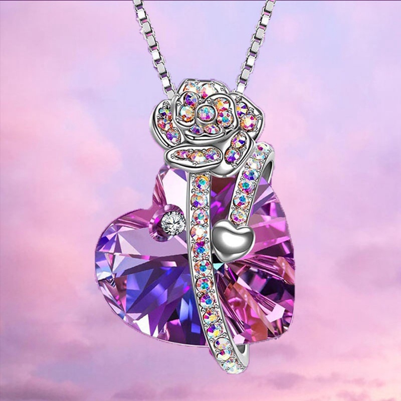 Elegan Fashion Wanita Kreatif Berbentuk Hati Kristal Mawar Kupu-Kupu Kalung Multicolor Cinta Berlian Bunga Liontin Engagement Necklace