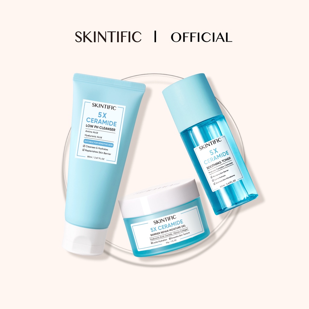 SKINTIFIC - 5X Ceramide Low pH Cleanser Gentle Cleanser 80Ml Sabun Cuci Muka Pembersih Face Wash & 5X Ceramide Barrier Repair Moisturize Gel Moisturizer 30G Pelembab Wajah &  5X Ceramide Soothing Toner 80ml