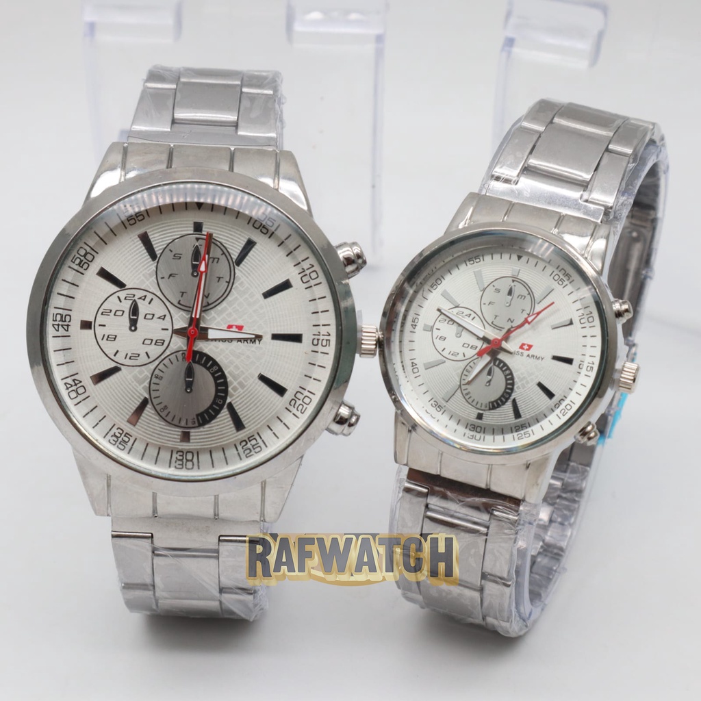 Jam Tangan Pasangan Pria Wanita Analog Casual Rantai Stainless Silver HItam RPA4