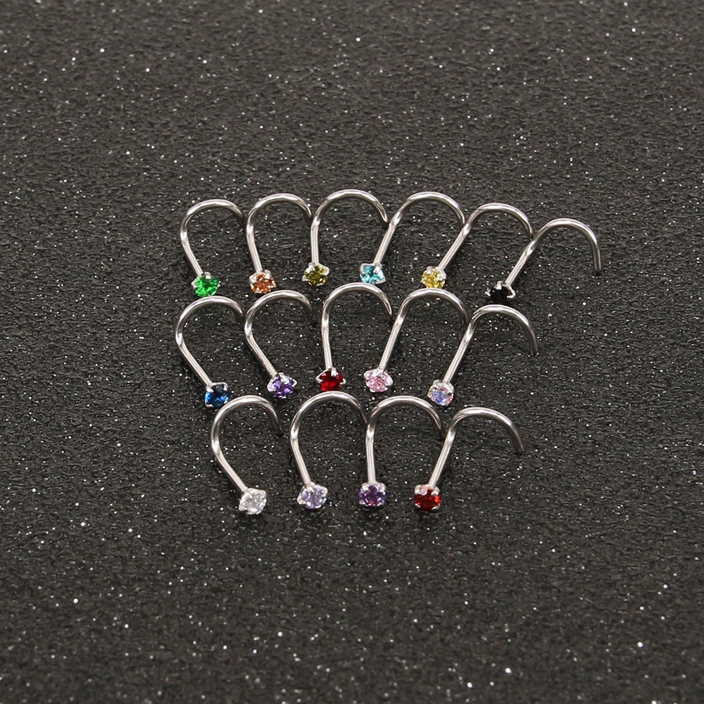 14pcs Tindik Hidung Kristal Bentuk L Stainless Steel Nose Stud Set Multicolor Penahan Tulang Hidung Telinga Hidung Piercing