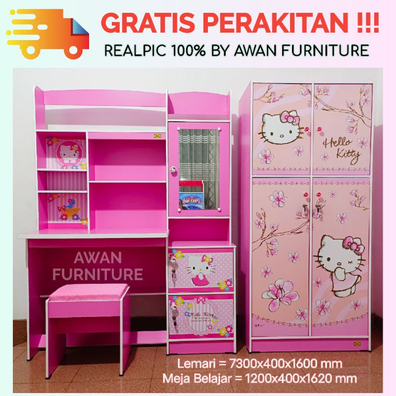 AWAN - KHUSUS JABODETABEK- SET KAMAR ANAK, LEMARI / MEJA BELAJAR HELLO KITTY