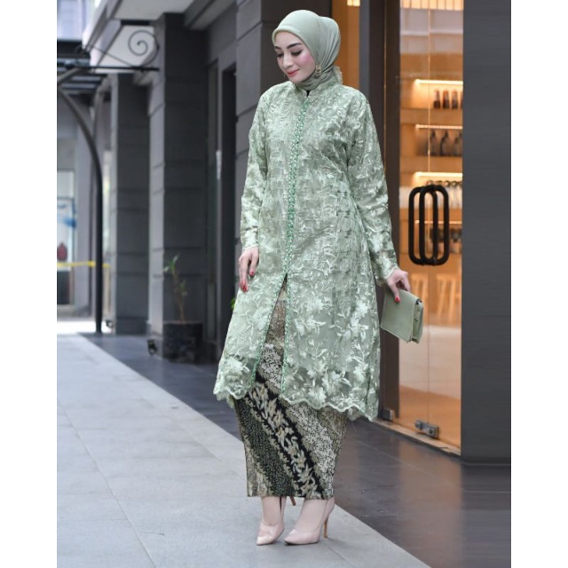 KEBAYA TUNIK PAYET TILLE MODERN HIJAU SAGE JUMBO LD 130 CM KEKINIAN TERBARU/BAJU KEBAYA/KEBAYA WISUD