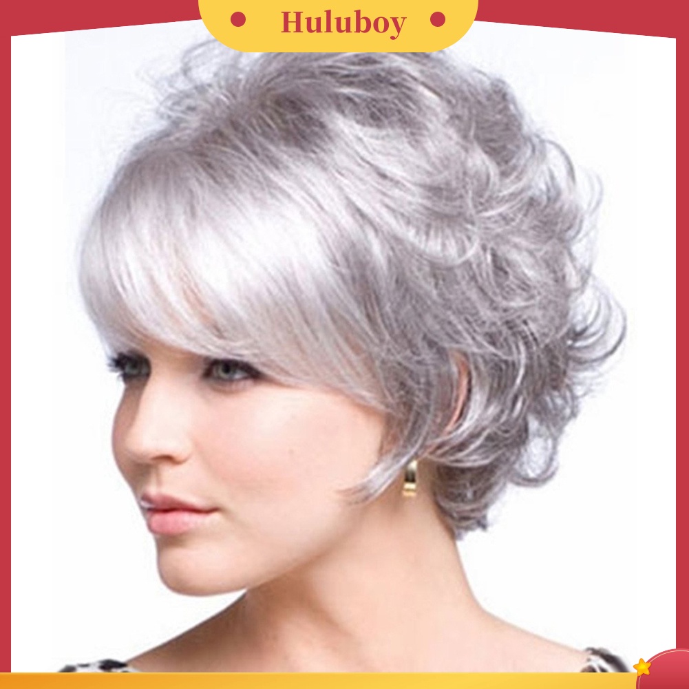 Wig Rambut Sintetis Model Pendek Keriting Warna Abu-Abu Untuk Wanita