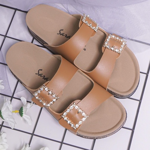 SARASARA YUK - KIMMY Sandal Wanita Slop Casual Size 36 - 41 Model Birken Sol Puyuh Sara Sara Sendal Cewek Kulit Santai Rumahan Strap Gesper dua Kristal Blink Empuk 37 38 39 40 Warna brown Cokelat Soft Selop Anti Slip Original Shoes ORI Mall Official Store