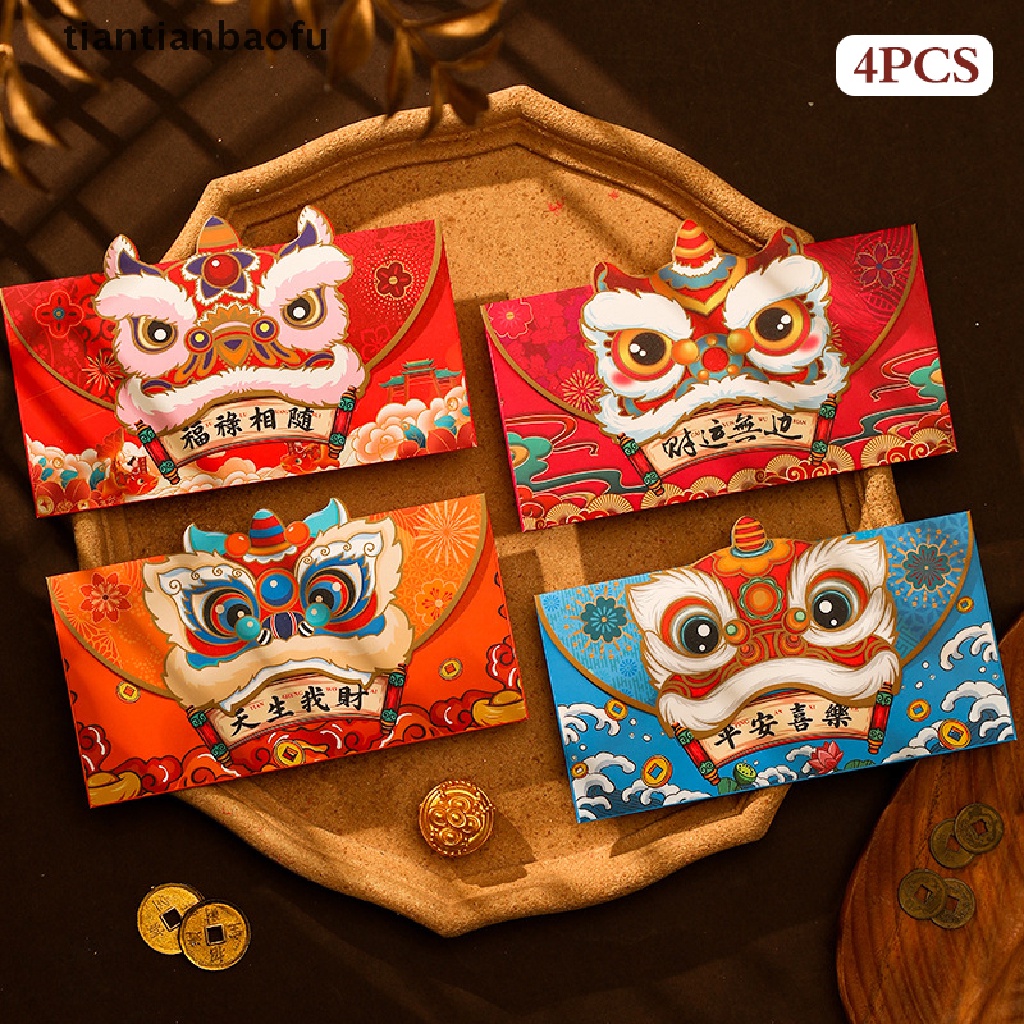 [tiantianbaofu] 4pcs Amplop Merah Imlek Amplop Merah Kantong Merah Chinese Red Packets Hong Bao Amplop Uang Keberuntungan Butik