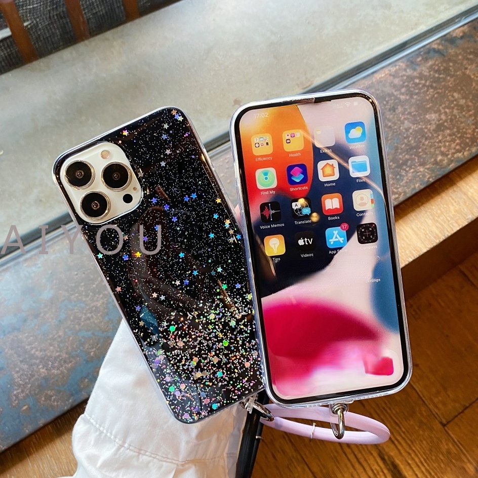 IPHONE Rantai Liontin Gantung Telepon Tali Pergelangan Tangan Ring Holder Case Untuk Iphone14 13 Pro Max11 12 Mini XS XR X6 7 8 Plus SE Bening Glitter Cover