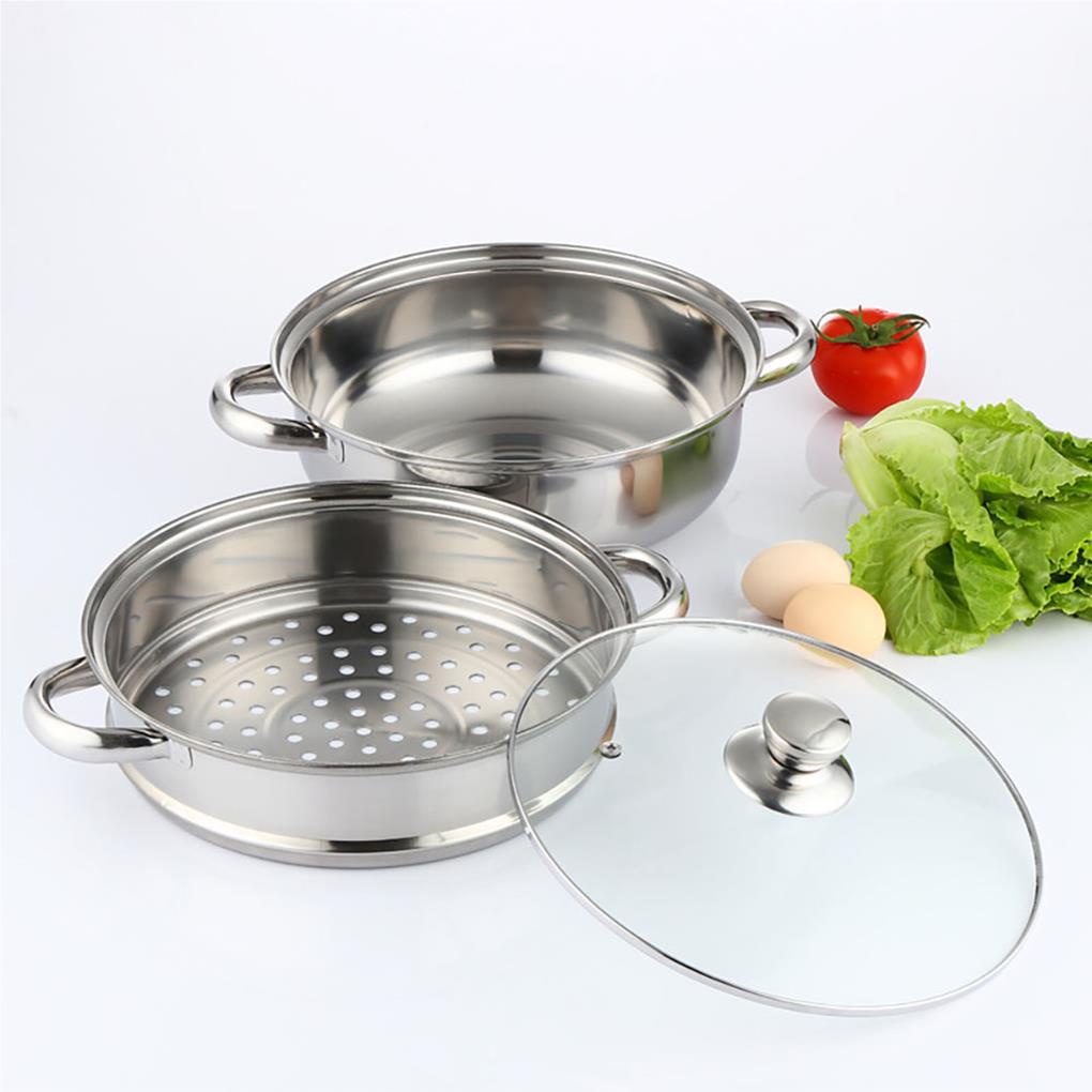 Panci Steamer Double Layer 28cm Dengan Pegangan Insulasi Panas Tutup Kaca Stainless Steel Stockpot Soup Boiler Untuk Rumah