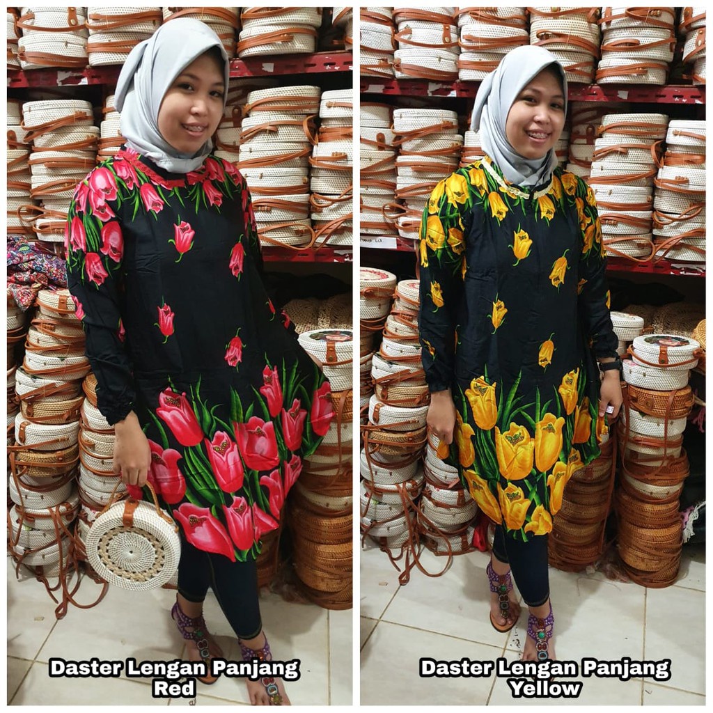 Daster Payung Busui Resleting Depan Lengan Panjang Rayon Motif Bunga Tulip Baju Tidur Kekinian