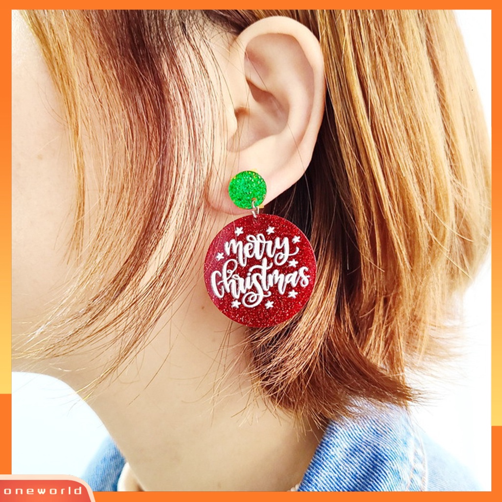 [WONE] 1pasang Anting Menjuntai Hias All-match Glittery Merry Christmas Geometrical Round Hoop Earrings Untuk Perjamuan