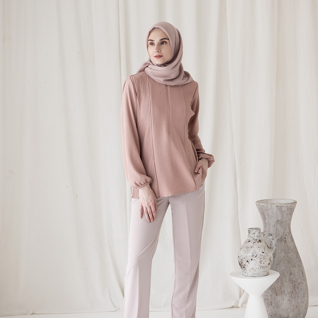 Asmara by Aska Label - atasan wanita plisket blouse wanita pleats bahan crinkle warna lilac, pink mauve, coklat mocca