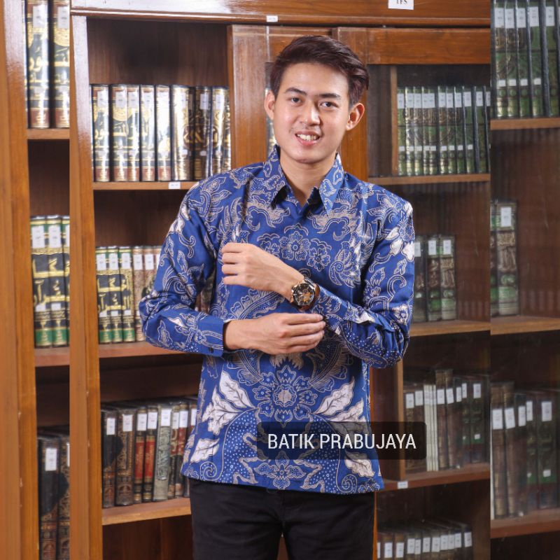 MAHKOTA NAVY Kemeja Batik Pria Cowok Modern Lengan Panjang Full Furing - Baju Hem Batik Pria Solo Biru Navy