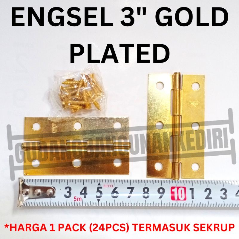 [24pcs] Engsel pintu jendela plat tipis GP kuning gold plate 3 inch + sekrup
