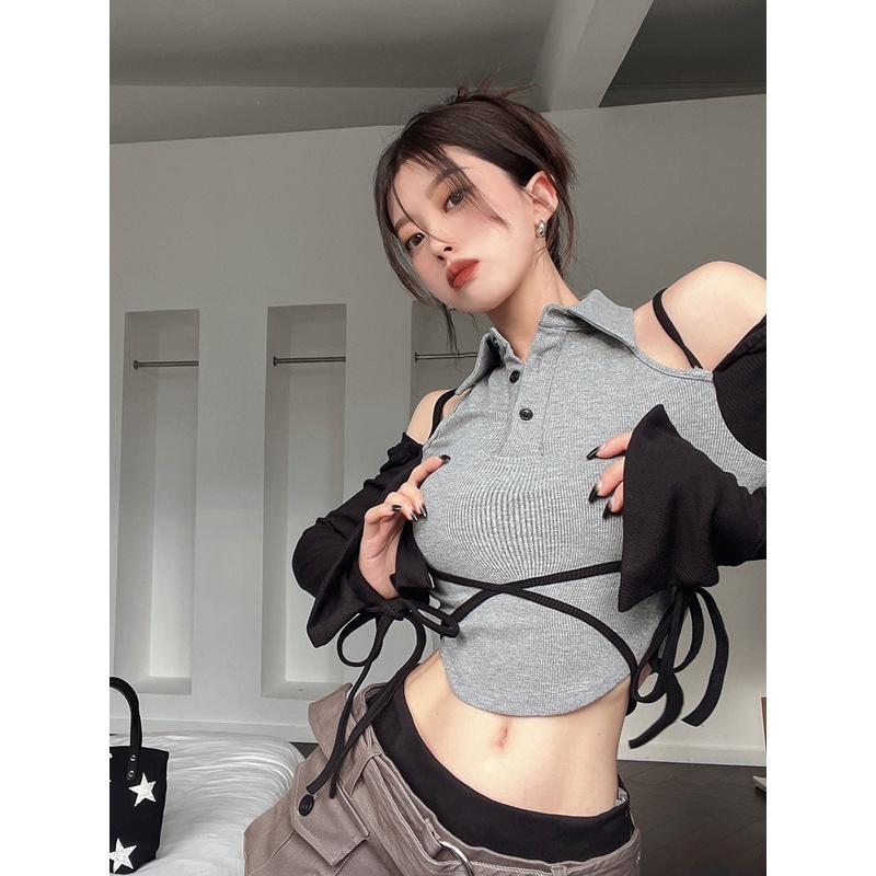 ✓Suhao hot girl T-shirt pakaian wanita rasa desain ceruk musim gugur off-the-shoulder splicing lengan panjang slim-fit strap short bottoming shirt top