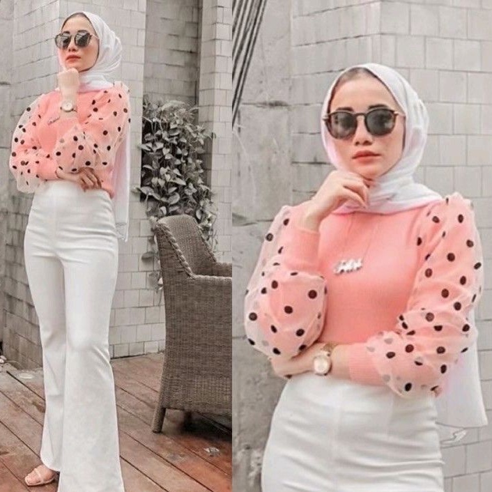 C597 Baju atasan blouse rajut lengan balon polkadot polka ala Korea Korean style hitam pink putih wa