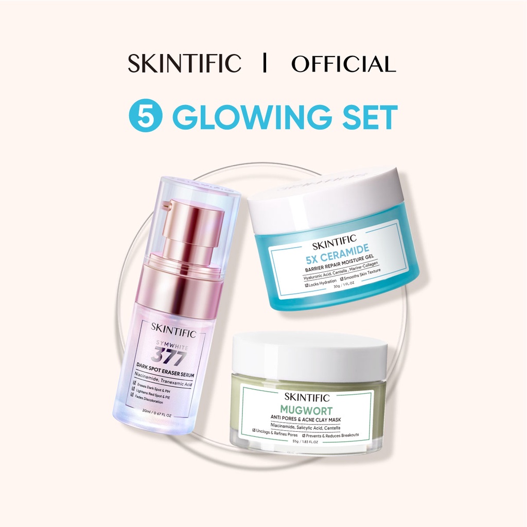 SKINTIFIC 3PCS 5X Ceramide Moisturizer + Mugwort Mask + SymWhite 377 Serum Paket Skincare Anti Acne Moisture Dark Spot Eraser Brightning Whitening