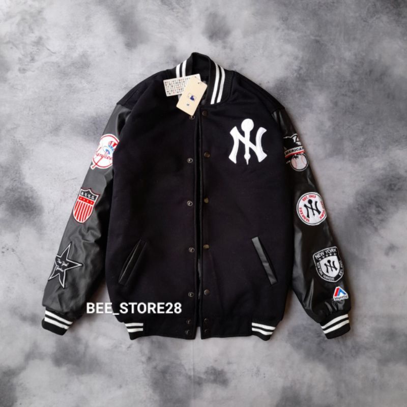 JACKET VARSITY NY MLB HITAM FULL BLACK LOGO PACT BORDIR PREMIUM FULLTAG &amp; LEBEL