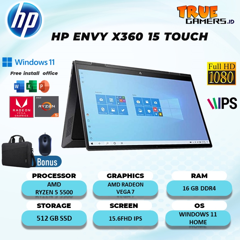 HP ENVY X360 15 TOUCH RYZEN 5 5500 RAM 16GB 512SSD VEGA7 W10 15.6FHD IPS