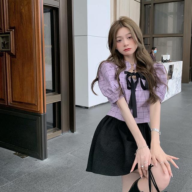 Suhao one-piece suit eye-catching~Purple plaid puff sleeve bowknot short shirt + slim A-line fluffy skirt