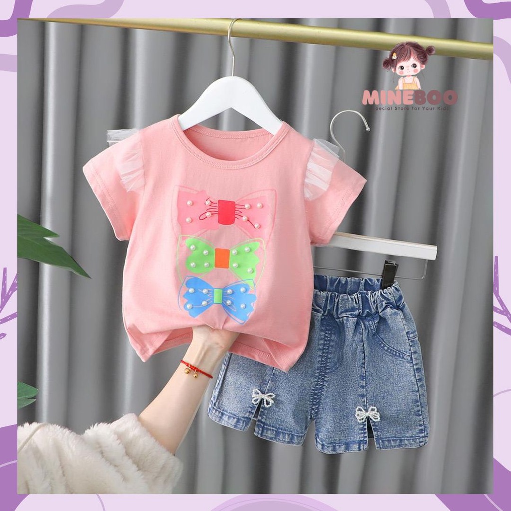 mineboo - SET RIBBON MOTEK EBV 1-5tahun Setelan anak perempuan baru/versi Korea kartun celana denim/baju anak perempuan