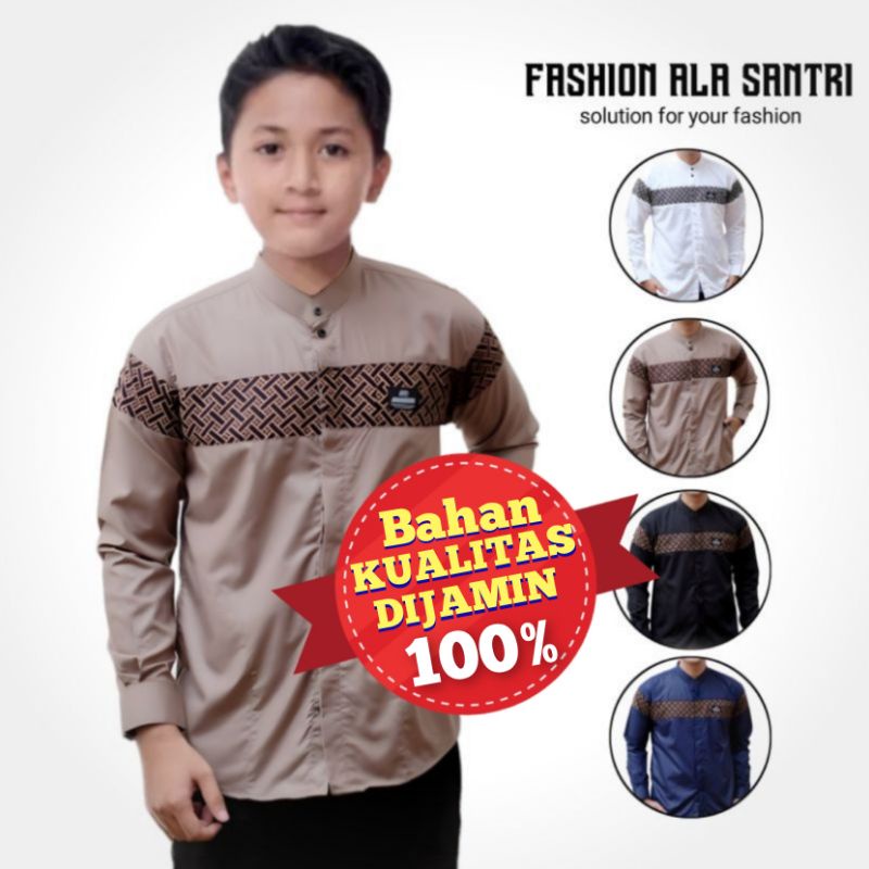 Baju Koko Anak Laki-Laki Remaja Usia 7-15Th Koko Gus Azmi Koko Anak Laki-Laki Lengan Panjang Batik Coklat Abu-Abu Putih Baju Muslim Anak Toyobo Premium Navy