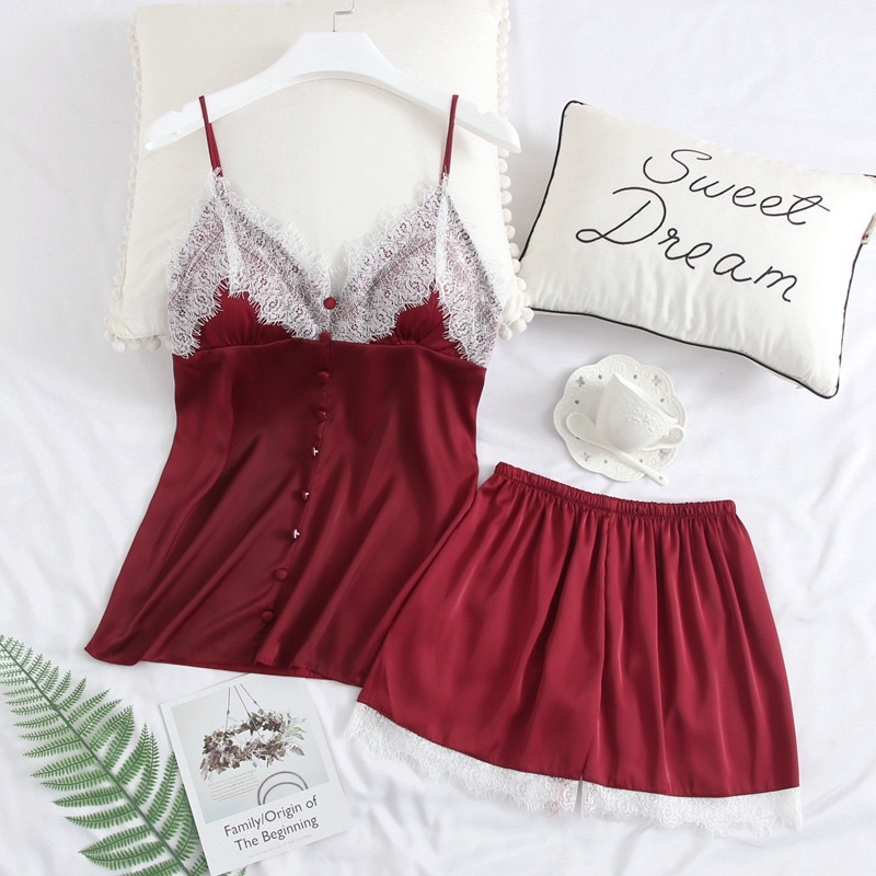 SL069 Sleepwear wanita setelan baju tidur v neck wanita bahan satin silk premium