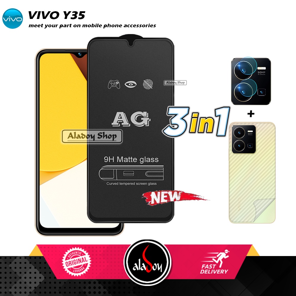 Paket 3IN1 Tempered Glass Layar Matte Anti Glare VIVO Y35 Free Tempered Glass Camera dan Skin Carbon