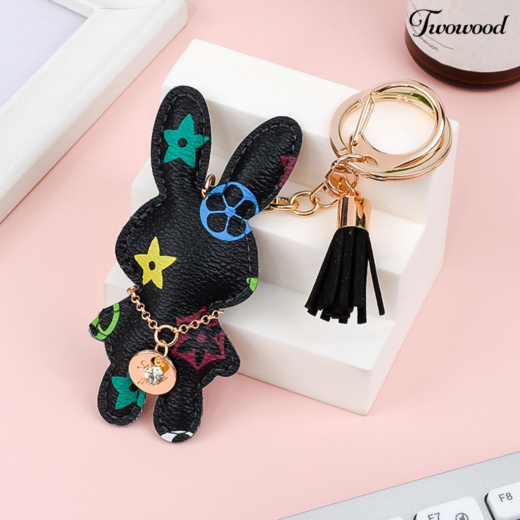 Twowood Rabbit Keychain Desain Hewan Tekstur Lembut Isi Penuh Anti Gores Ada Deformasi Hadiah Memberikan Kulit Imitasi Boneka Boneka Kelinci Keychain Tas Aksesori