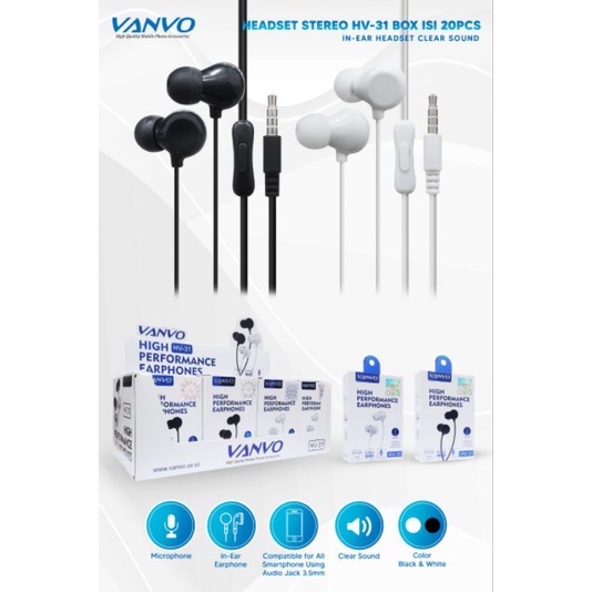 Hansfree Vanvo HV-31 HIGH PERFORMANCE EARPHONE EXTRA BASS JACK 3.5 HV 31 HANSFREE VANVO