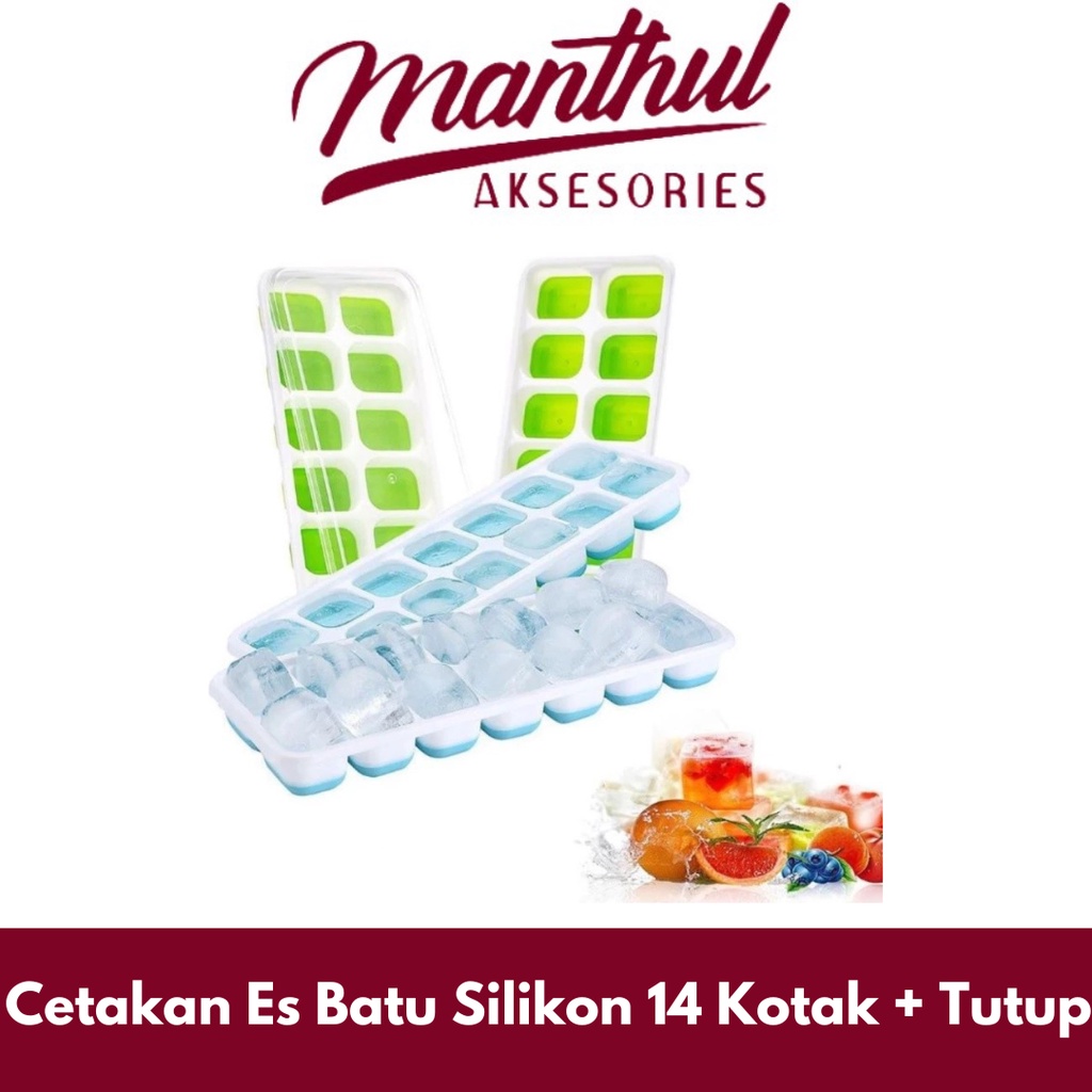 Cetakan Es Batu Silikon 14 Kotak + Tutup Ice Cube Tray Silikon Elastis