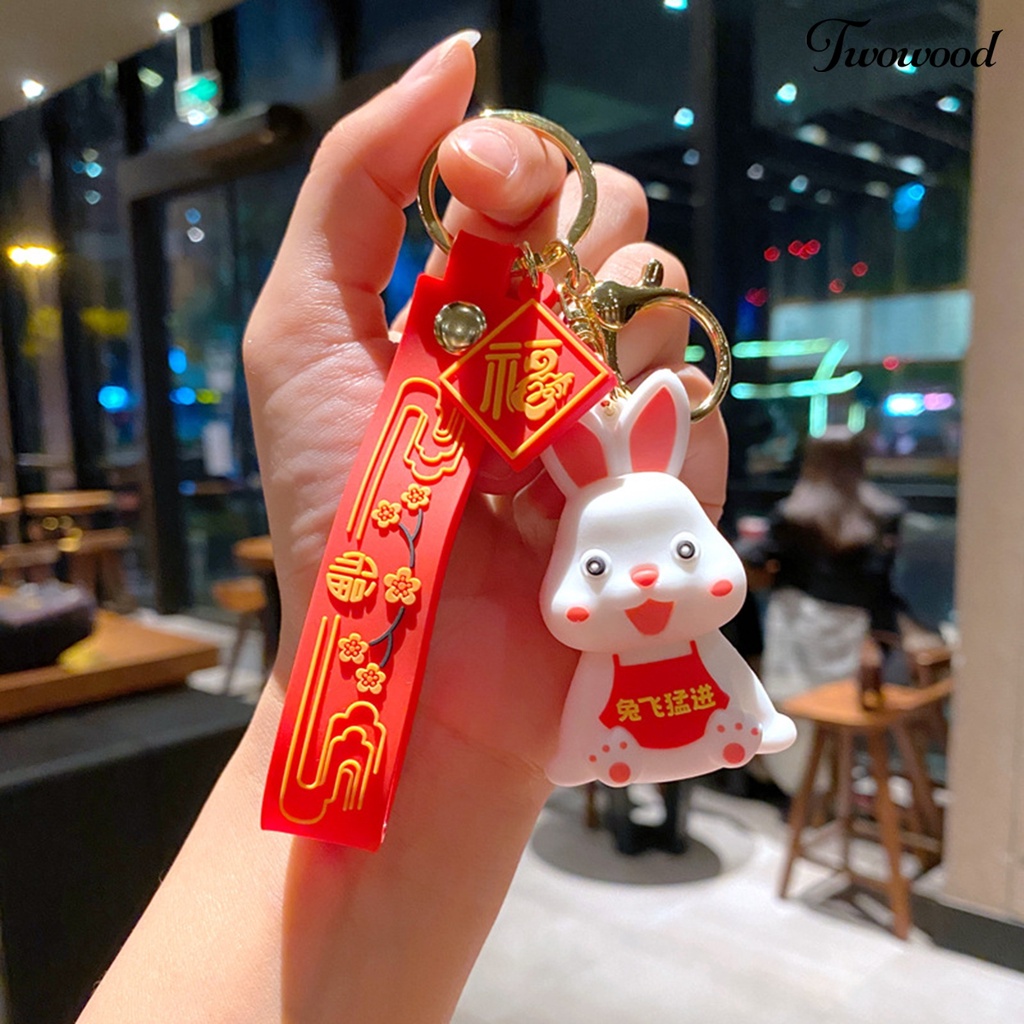 Twowood Rabbit Key Chain New Year Zodiak Maskot Harapan Terbaik Merah Hias Motif Bunga Tas Sekolah Bunny Key Pendant Hadiah