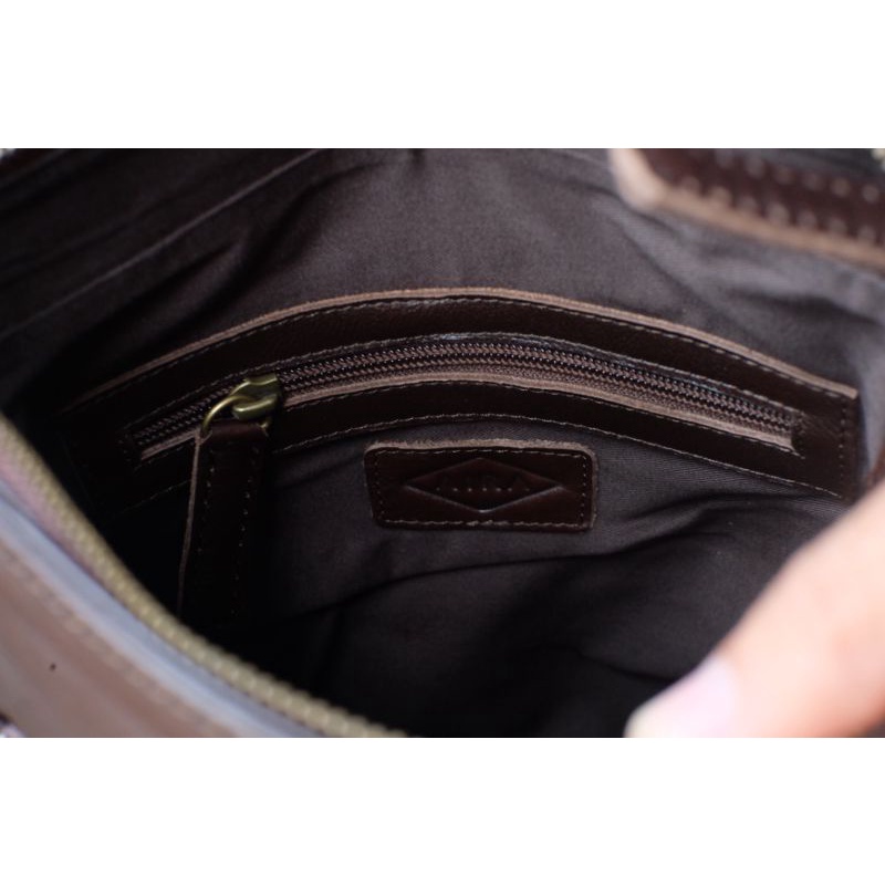 Tas Selempang Dan Bahu Pria Sling Bag Dimas Kulit Sapi Asli Bahan Pull Up Leather Terbaru Kain Katun Drill Tali Panjang Adjustable Kekinian Original