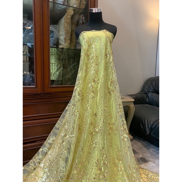 Bahan Kebaya Brukat Tile Tulle Bordir Payet Elizabeth 3 Warna Kuning Lemon Hijau Lime