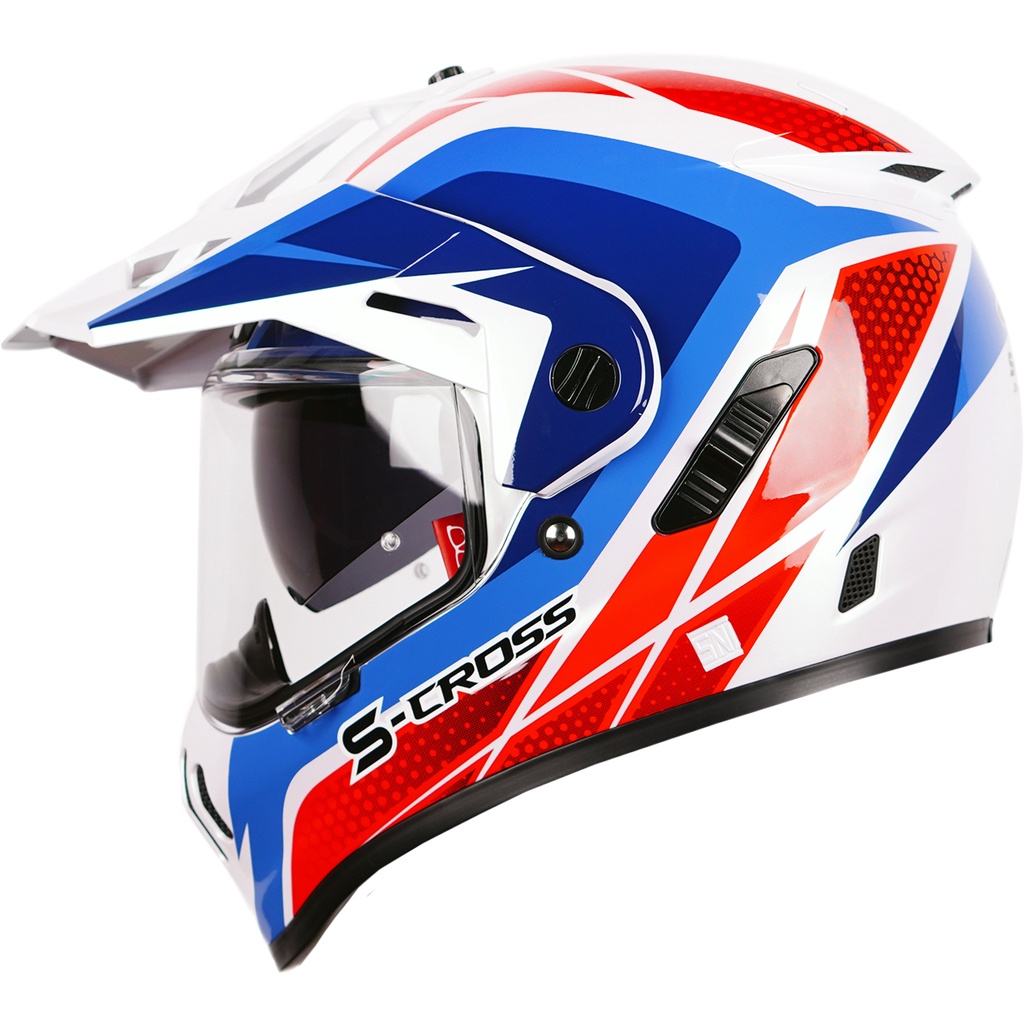 NJS S-CROSS STORM BLADE White Pearl - Red Blue - Helm Full Face| NJS Scross | Storm Blade| NJS Adven