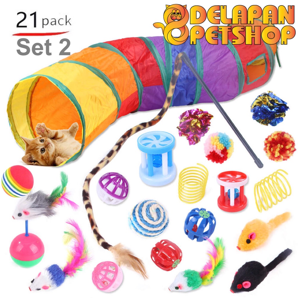 Cat Toys Set isi 21 pcs Mainan Kucing Lengkap dengan Cat Tunnel Cat Teaser Bola Lonceng Tikus