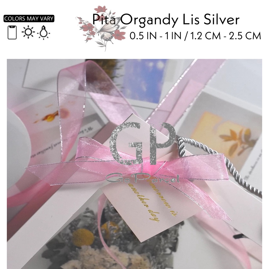 ( Rol 50 Yard ) SILK ORGANDY GIFT RIBBON SILVER EDGE 12MM - PITA KADO ORGANDI TRANSLUCENT ORGANZA LIS PERAK 0.5 IN 1.25CM