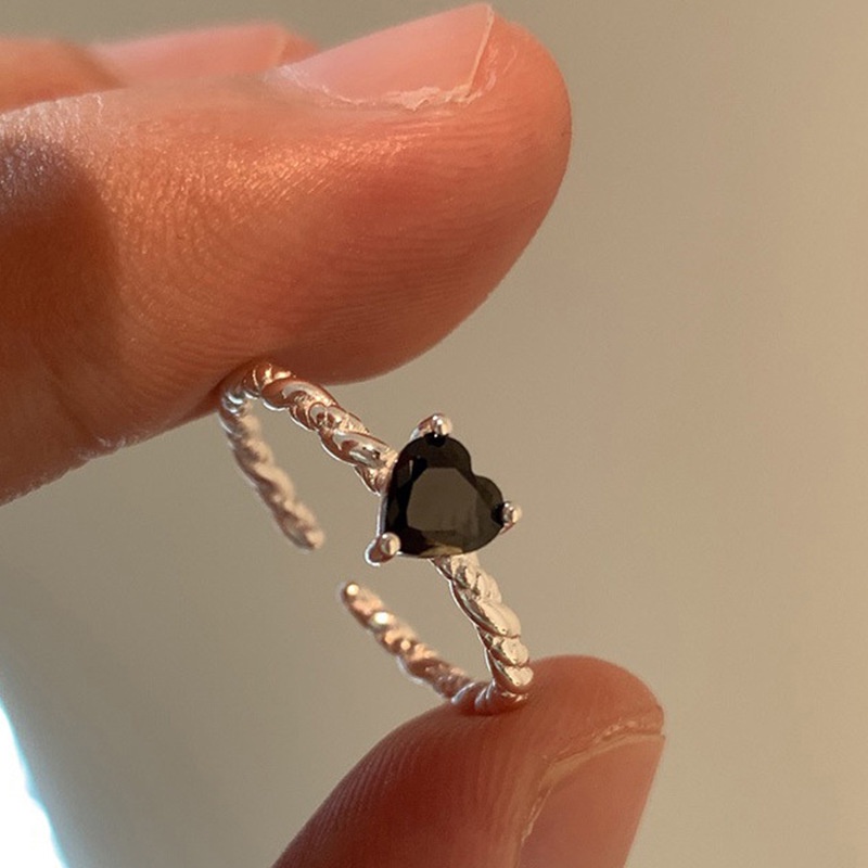 Vintage Hitam Zirkon Cincin Hati Kristal Batu Kecil Kawin Cincin Trendi Warna Perak Pertunangan Rings