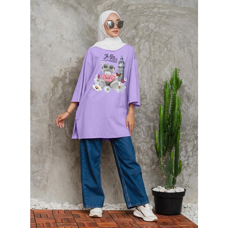 KAOS OVERSIZE TOP HIJAB WANITA BASIC DTF BUNGA BEAR / OVERSIZE SLIT BLOUSE GAMBAR DTF / DIGITAL PRINT