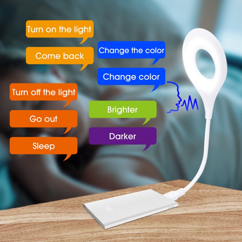 Kreatif Kontrol Suara Cerdas Bentuk Cincin Kontrol Suara Lampu Malam/ Lampu Selang Ditekuk Bertenaga USB/ 3mode Perlindungan Mata Yang Dapat Disesuaikan Lampu Baca