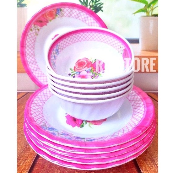 promo 12.pcs isi 6.piring 6.mangkok liring makan mangkok sayur  melamine ulir motif rose